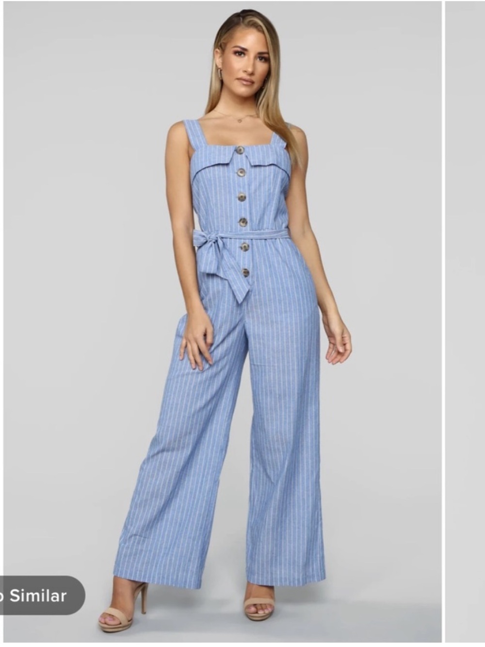 Fashion Nova Light Blue Striped Wide-Leg Jumpsuit with Tie Waist